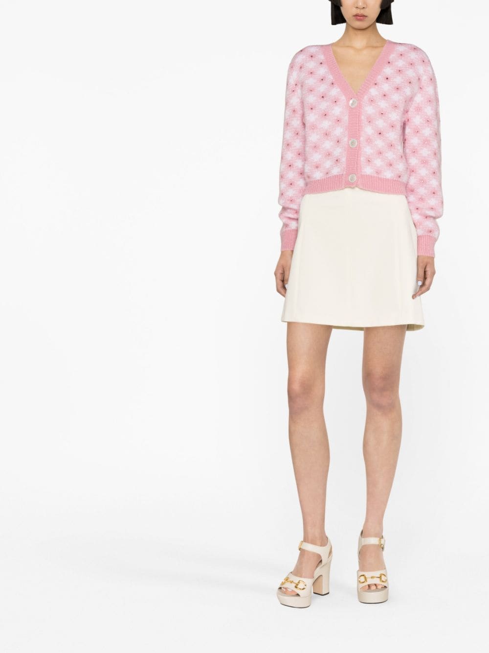 Pink rhinestone embellished gingham cardigan women ALESSANDRA